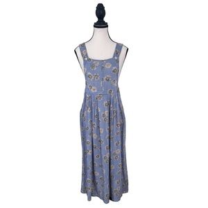 Vintage 90s Gingham Floral Midi Dress | Blue Overall Style | Small